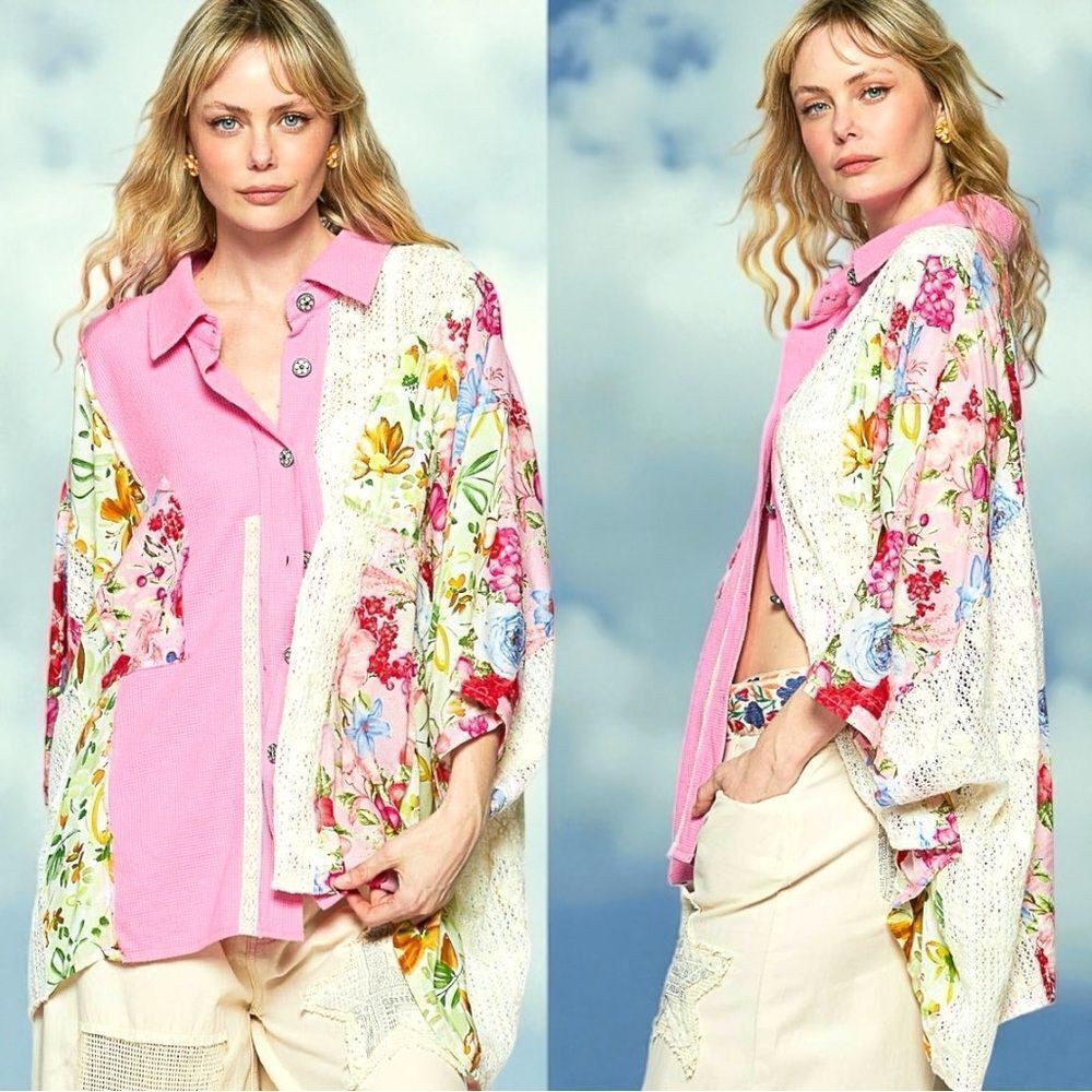 POL Pink Oversize Top Crochet Boho Lace Patchwork Contrast Size MEDIUM NEW - Picture 5 of 9